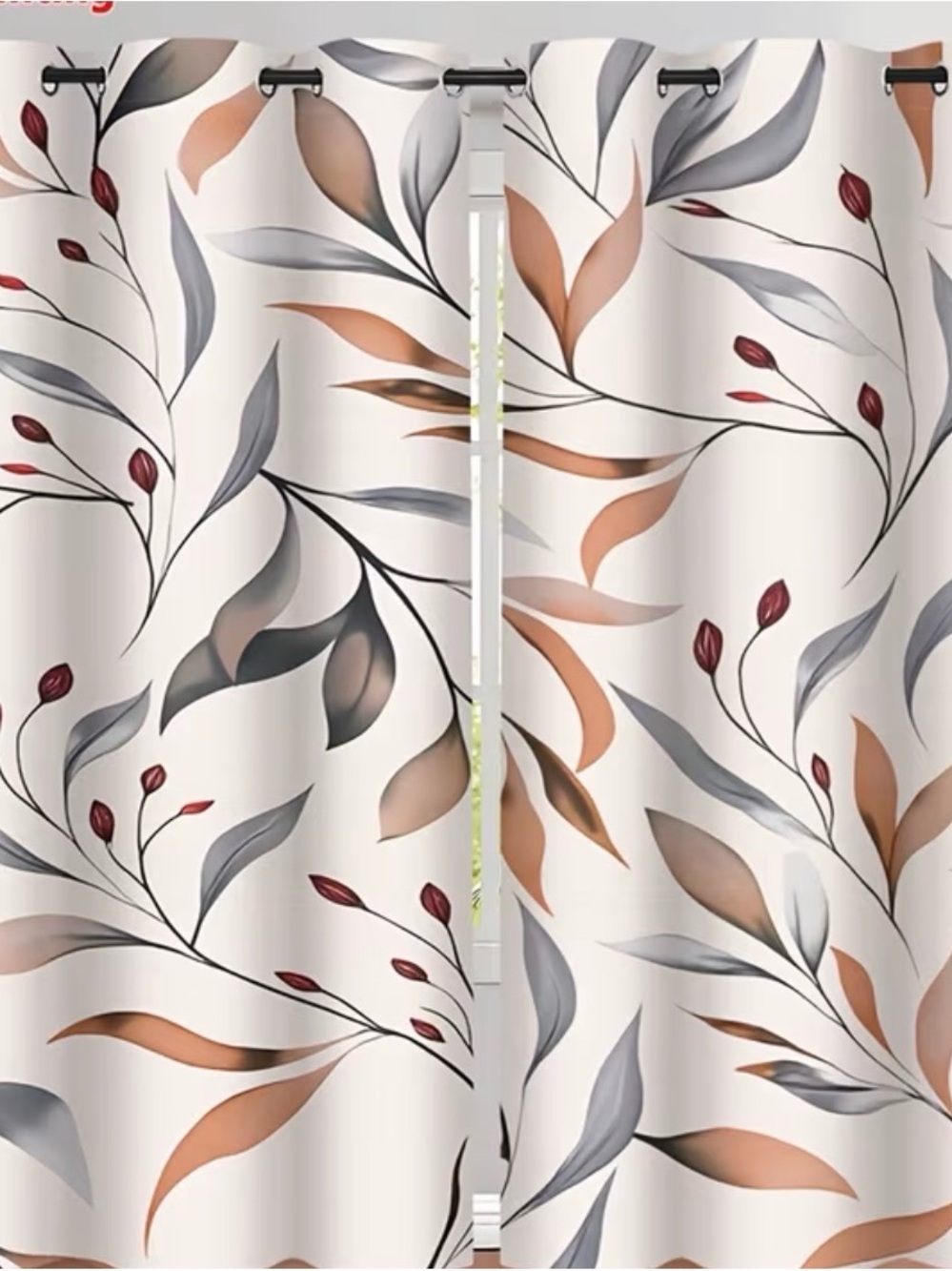 2pcs Botanical Leaf Print Grommet Curtains - Cream, Gray & Copper 52Wx84L Size